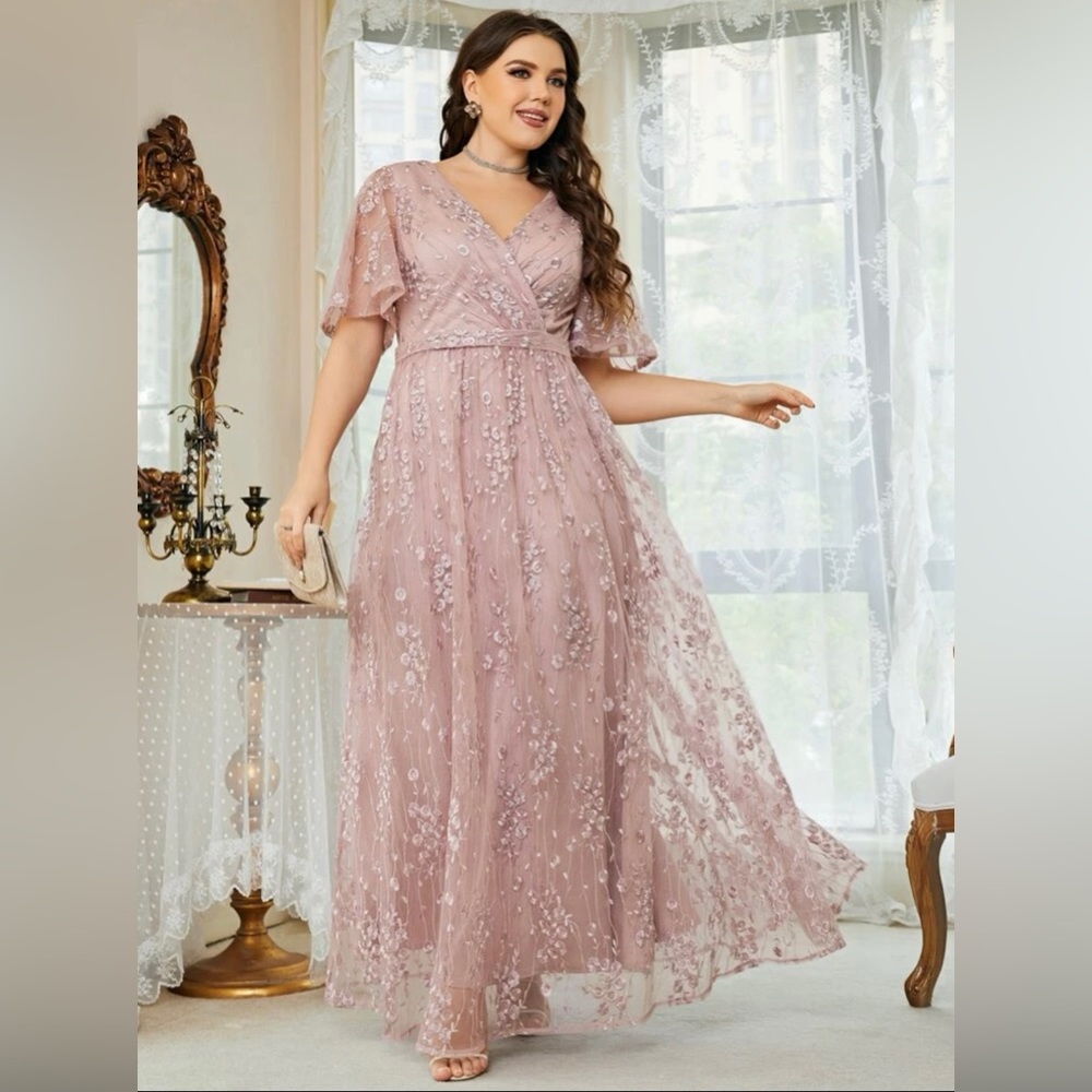 SHEIN Belle Plus Floral Embroidered Flutter Sleeve Overlap Collar Mesh Dress